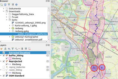 QGIS: Bäckereien im Umkreis von 1.000m um den Riedweg herum